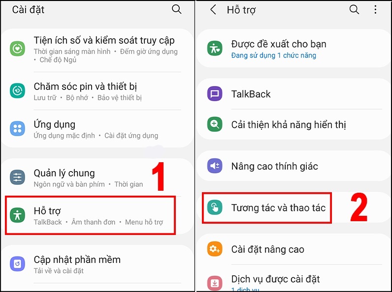 Mở Cài đặt > Vào phần Hỗ trợ > Chọn mục Tương tác và thao tác.